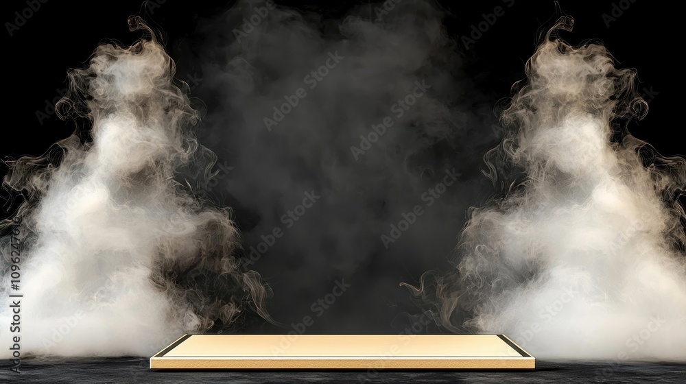 Poster Dynamic smoke effects on display platform studio setting visual content dramatic atmosphere