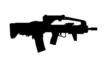 silhouette of side view of upgraded usa vhs 2 bullpup assault rifle with tactical grip on a white background