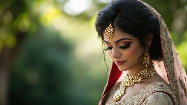 A beautiful bride in elegant attire and elaborate jewelry, exuding serenity and romance, with flawless hair and makeup in a vibrant outdoor setting under soft natural light.