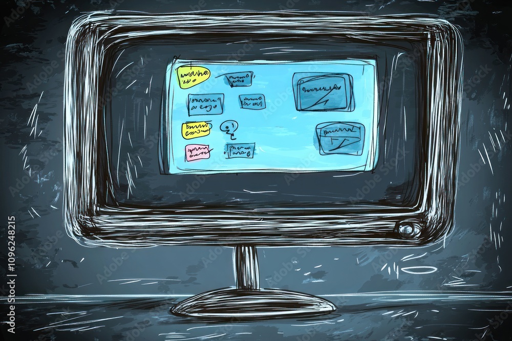 Poster a hand-drawn computer monitor displaying colorful sticky notes and icons on a blue screen.