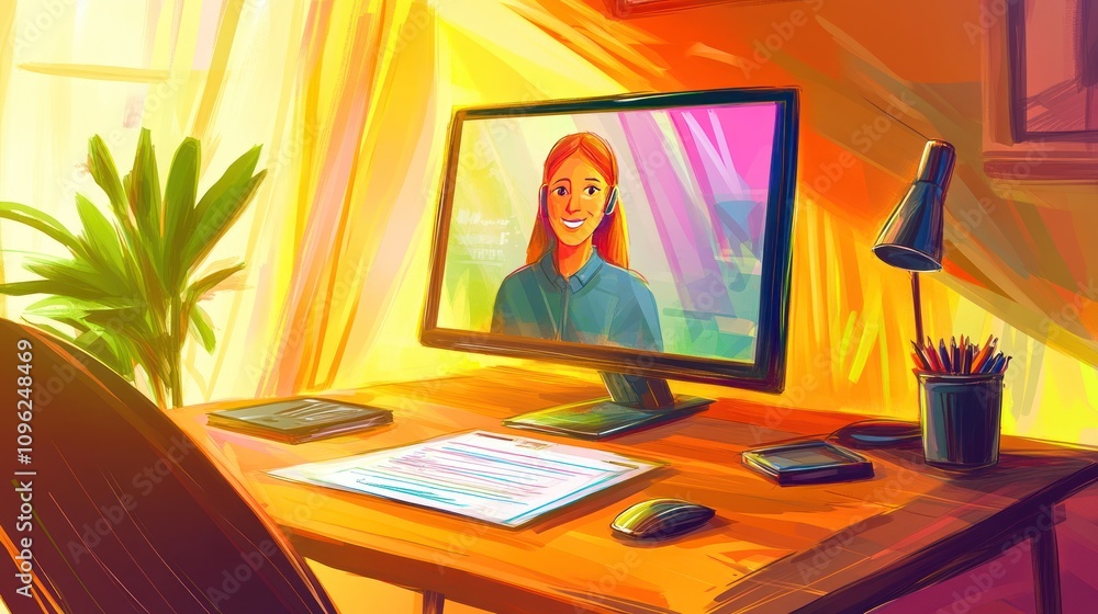 Poster a colorful workspace featuring a computer with a video call and a cozy atmosphere.