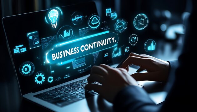  Business continuity management concept. "Business Continuity" with icons strategy, risk assessment, and operational planning. business continuity planning and resilience in managing disruptions. 