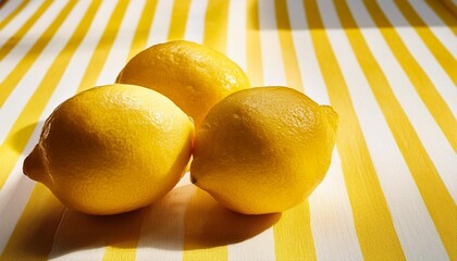 three lemons piled on yellow striped white background in sunlight