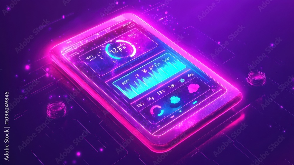 Poster a neon-lit smartphone displaying data analytics and weather information.
