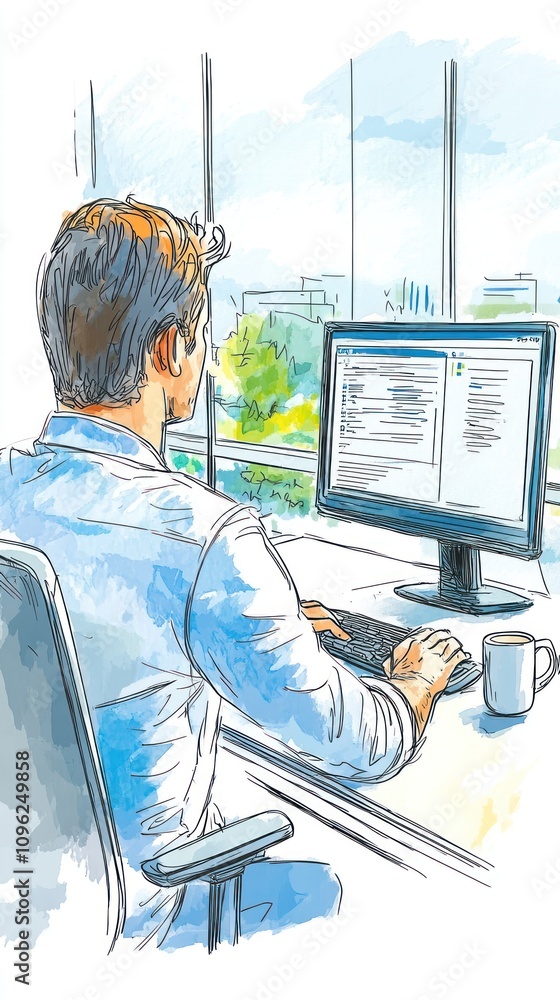 Poster a person working at a computer in an office with a view of greenery outside.