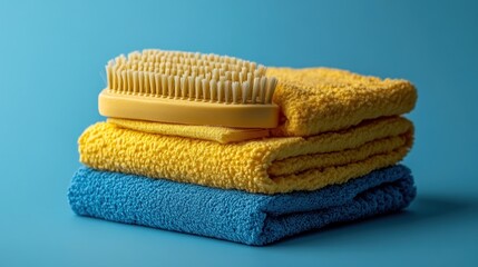 Bright Yellow and Blue Cleaning Supplies: A Stack of Soft Towels with a Cleaning Brush