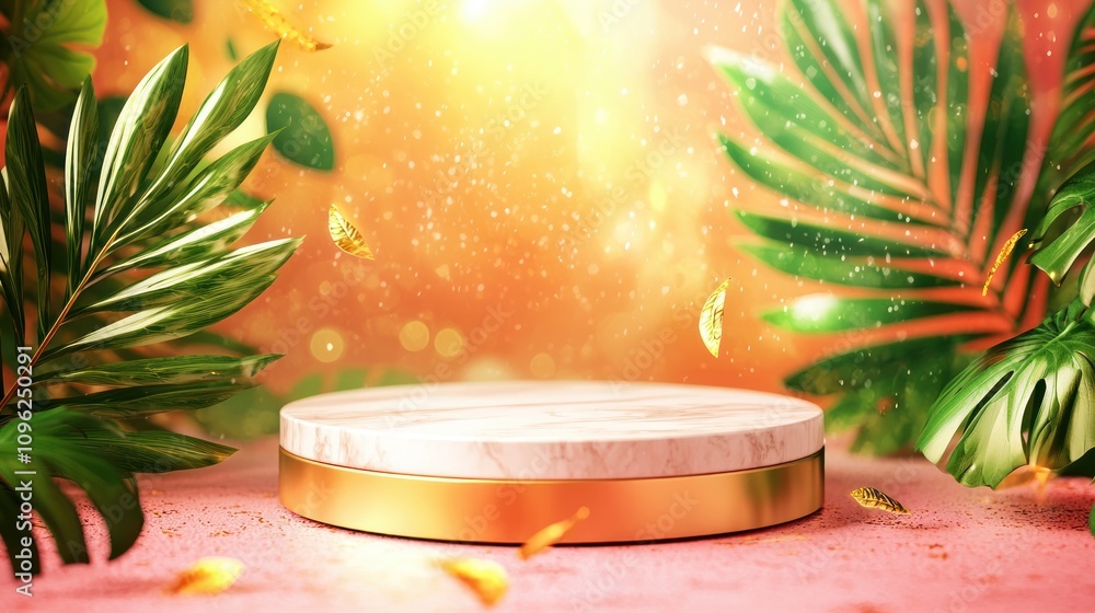Poster tropical leaves and elegant platform nature setting visual display vibrant atmosphere