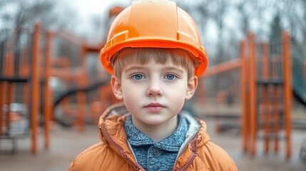 A young boy wearing an orange safety helmet poses for the camera in a playground filled with colorful equipment. The vibrant setting indicates a fun environment for children