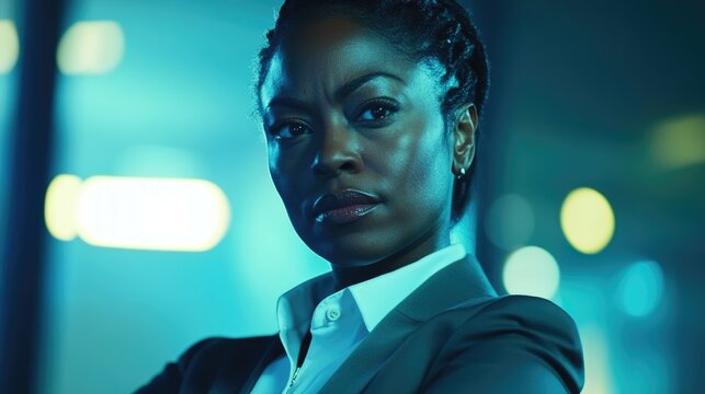 Confident female business leader showcasing a strong assertive stance, illuminated by blue tones, with ample negative space for text placement.