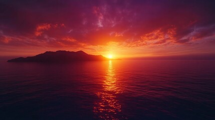 Obraz premium Vibrant sunset over a tranquil ocean and silhouetted island.