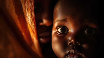 Mother and baby portrait capturing intimate gaze, with soft lighting highlighting expressive eyes and tender connection between them.