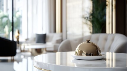 Elegant hotel service bell on a pristine white glass table, exuding luxury and sophistication, surrounded by stylish furnishings in a chic, modern setting.