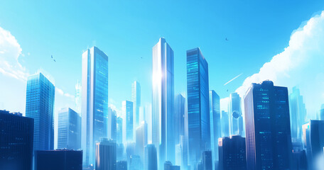 Fototapeta premium Modern City Skyline with CBD Office Buildings - Drone View and Clear Blue Sky