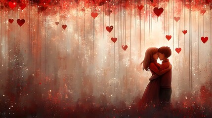 Vector illustration of a school boy and girl hugging each other from behind with a Valentine Day background