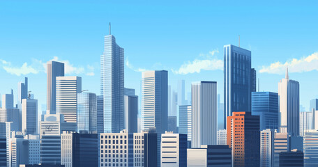 Obraz premium Modern Skyline with High-Rise Office Buildings under Blue Sky