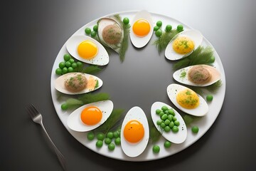A plate with eggs and peas on it