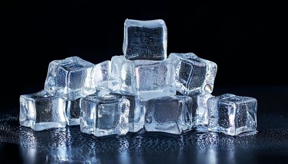 pile of crystal clear ice cubes on black background