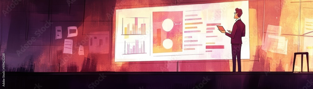 Poster a person analyzing data on a large screen in a modern workspace.