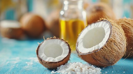 Coconut oil in a glass jar with fresh coconuts and coconut flakes on a vibrant blue tabletop, emphasizing its culinary and cosmetic uses.