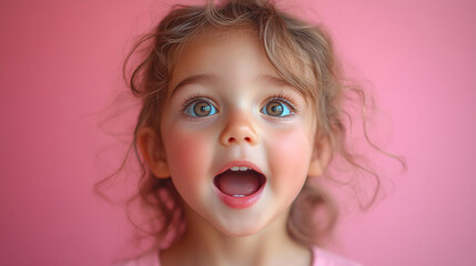 Close-up portrait of a beautiful happy cute girl against vibrant pink background	