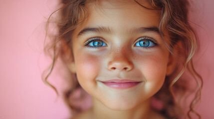 Close-up portrait of a beautiful happy cute girl against vibrant pink background	