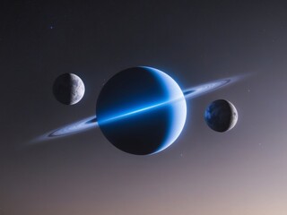 A Mesmerizing View of a Vibrant Blue Planet Surrounded by Three Celestial Moons in the Vastness of Space at Twilight.