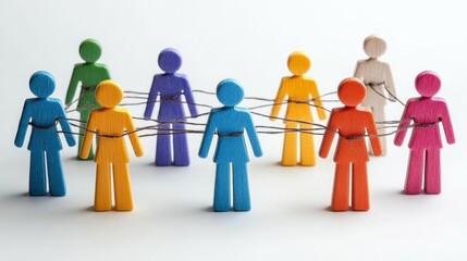 Brightly colored wooden figures are arranged in a circle, each connected by thin strings, symbolizing unity, teamwork, and collaboration in a creative workspace