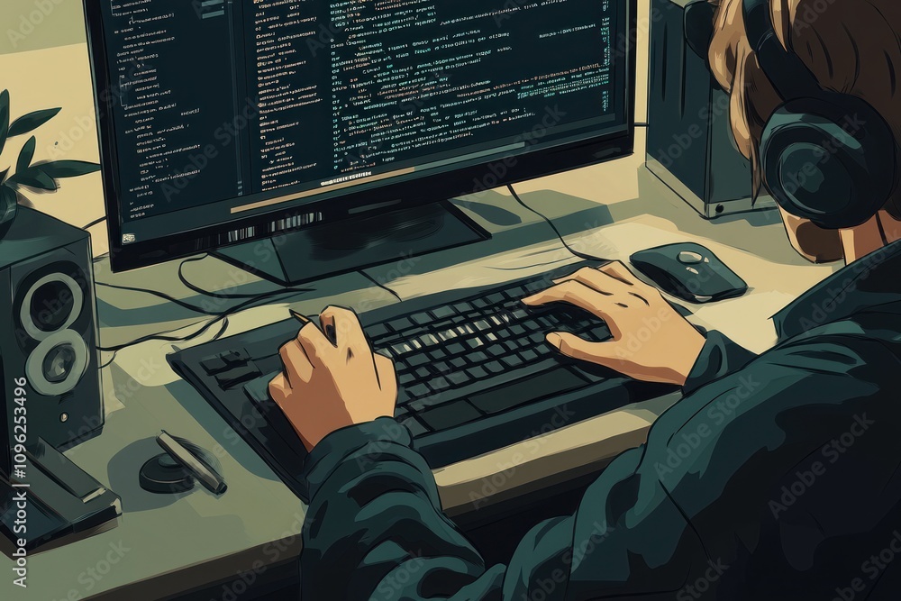 Poster a person coding on a computer, surrounded by tech equipment and a plant.