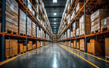 Fototapeta premium Vast Warehouse Interior: Rows of High Shelving Packed with Cardboard Boxes, Industrial Logistics and Storage Facility