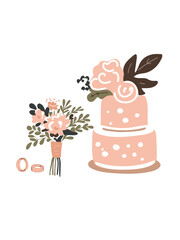 multi-tiered wedding cake surrounded by a floral bouquet and wedding rings