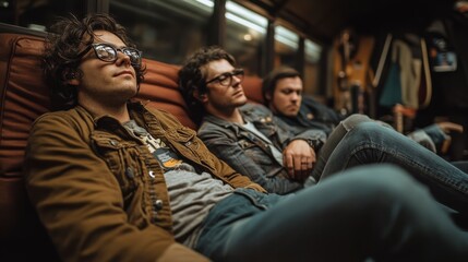 Three Friends Relaxing in a Vintage Bus, Enjoying Music Culture Together on a Leisurely Journey in a Cozy Seat Arrangement