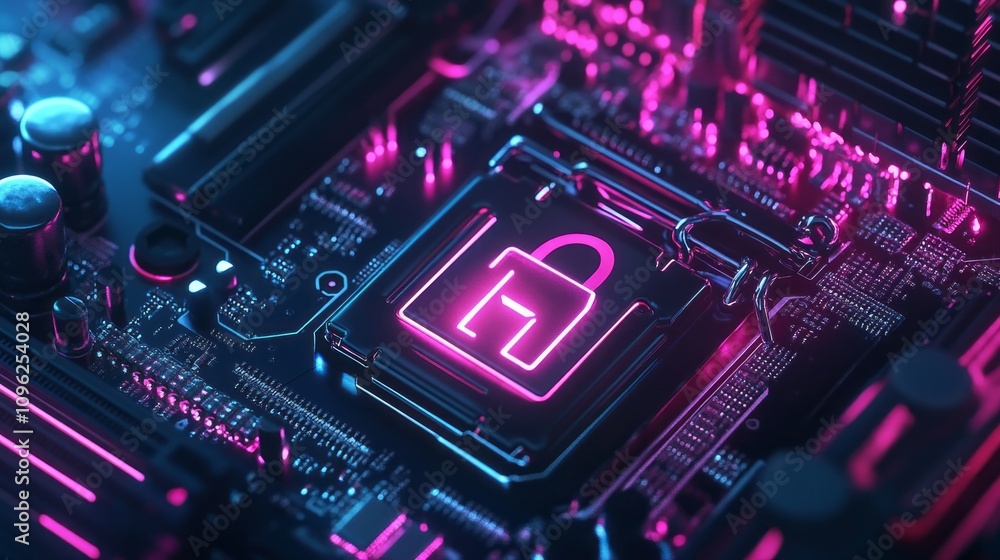 Poster a computer chip with a pink lock on it