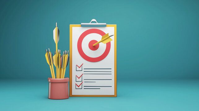 Conceptual illustration of achieving goals with darts hitting the bullseye on a clipboard checklist