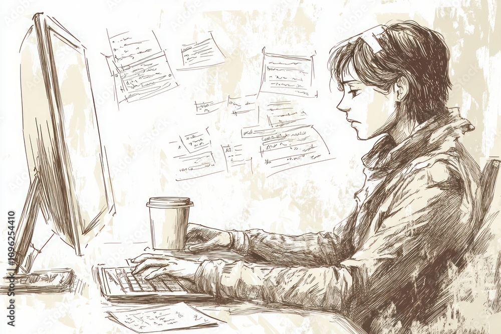 Poster a person working on a computer with coffee, surrounded by notes and documents.