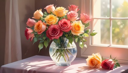Obraz premium Watercolor painting of a fresh rose arrangement in crimson, peach, yellow roses in a crystal vase