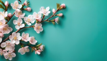 pretty spring cherry blossom branches on turquoise background simple design background