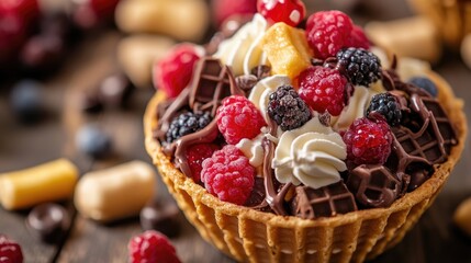 Close-up of a wafer cup overflowing with luscious chocolate, whipped cream, and a medley of vibrant berries and sweet treats.