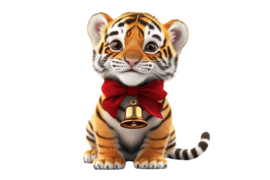 Cute tiger cub with bell playful scene animated style indoor setting adorable concept