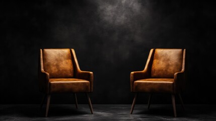 Brown Leather Chairs with Wooden Legs on Dark Background in Minimalist Setting Highlighting Modern Design and Elegant Textures