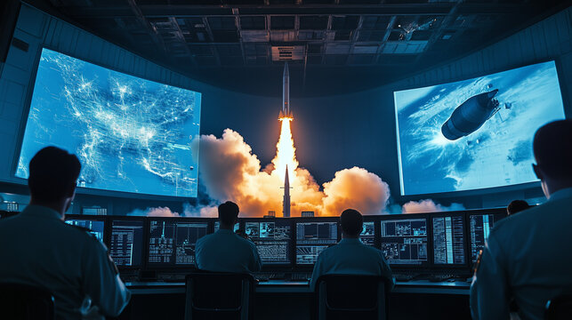 High tech control room monitoring a rocket launch with live data and visuals on multiple large screens