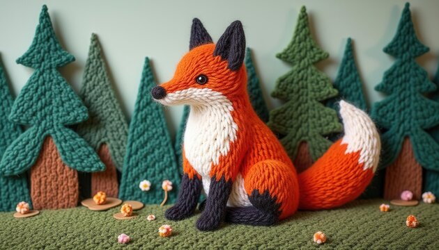 Adorable Knitted Fox in a Whimsical Forest Setting: A Charming Handmade Toy Photography