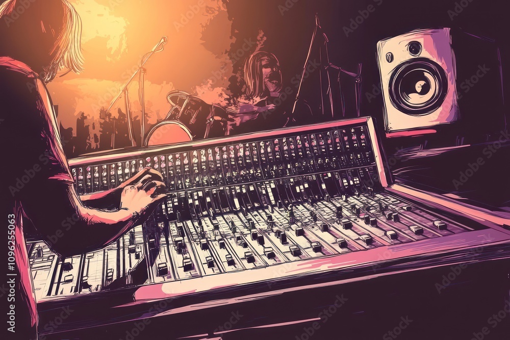 Poster a music producer adjusts a mixing console while a band performs in the background.