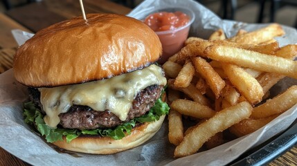 A delicious cheeseburger with melted cheese, fresh lettuce, and a soft bun is accompanied by golden, crispy fries and a small bowl of dipping sauce