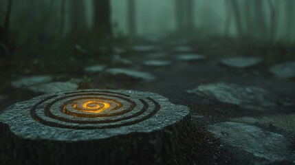 A glowing spiral carved into a tree stump in a misty forest.