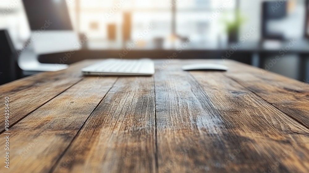 Poster a spacious office features a wooden desk with a keyboard and mouse, illuminated by natural light thr