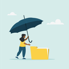  Insurance and protection of savings in times of economic crisis, investments in security. An investor covers a folder with an umbrella. Flat vector illustration