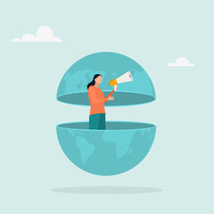 World economic vision of business, work or investment. A character with a megaphone broadcasts from the globe. Flat vector illustration.