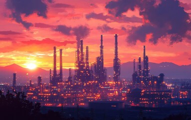 Fototapeta premium A Breathtaking Sunset over an Industrial Refinery: Silhouettes of Towers and Structures Against a Vibrant Sky, Capturing the Contrast Between Nature's Beauty and Industrial Might