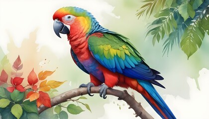 Obraz premium Watercolor Rainbow Colored Parrot on Branch with Vibrant Green Leaves and Multicolored Feathers