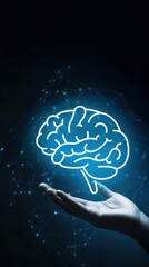 A hand holding a glowing brain with digital data points in the background, symbolizing ms related neural connections, sclerosis research, and innovation